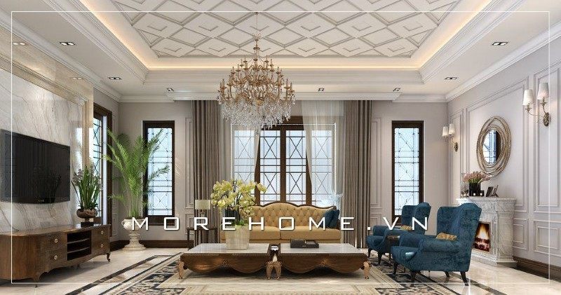 Tủ tivi có kiểu dáng tân cổ điển sẽ làm nên sự sang trọng và ấn tượng cho không gian phòng khách.